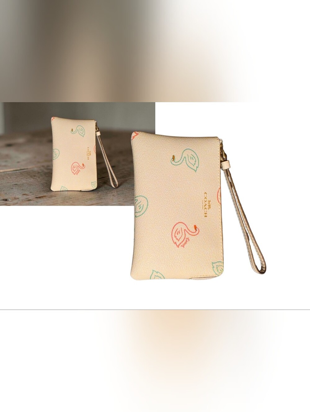 Coach Cream Wristlet with Pastel Pink and Mint Swans - Picture 4 of 6